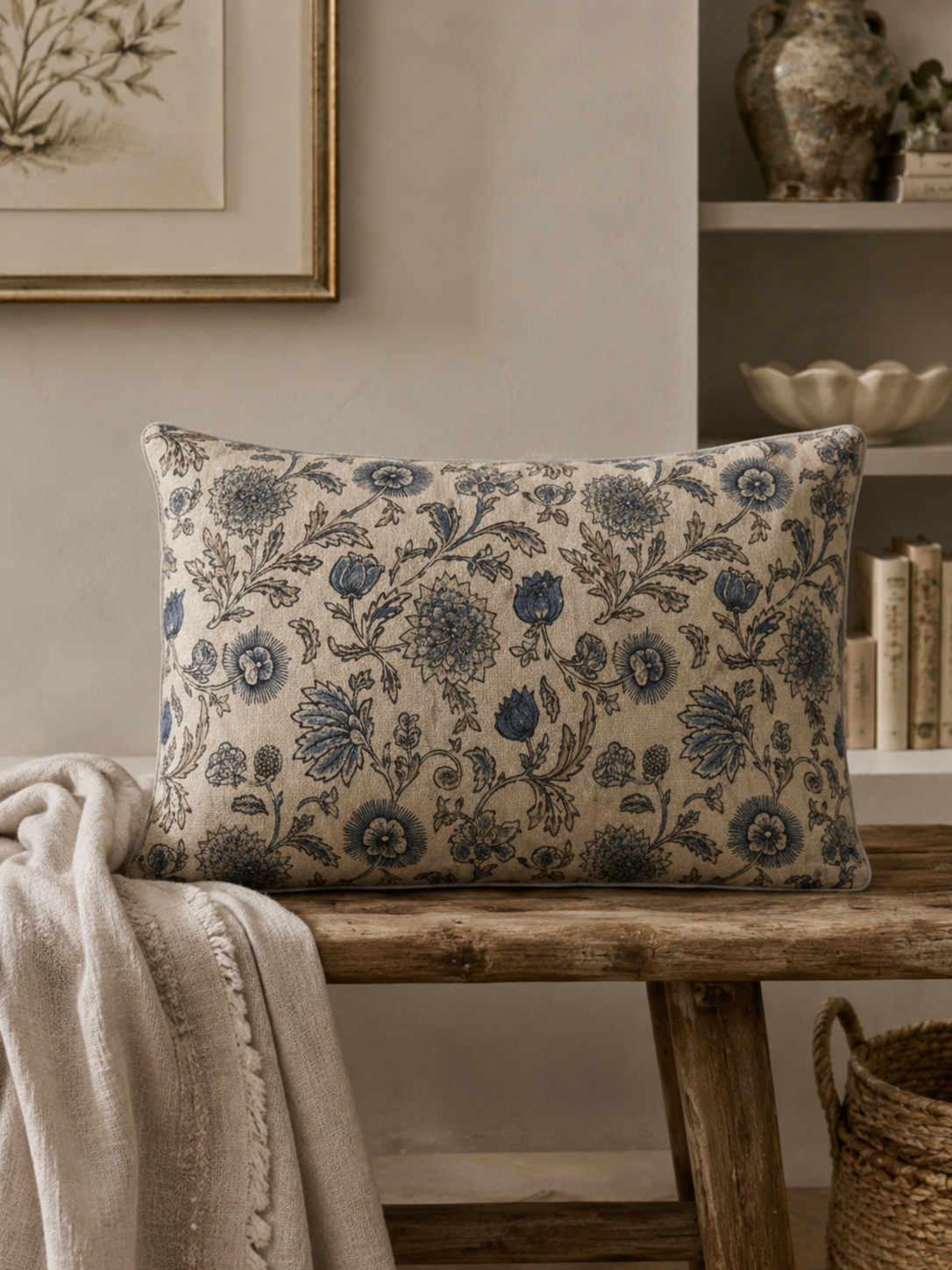 Elowen Block Print Cushion – Soft Indigo & Linen