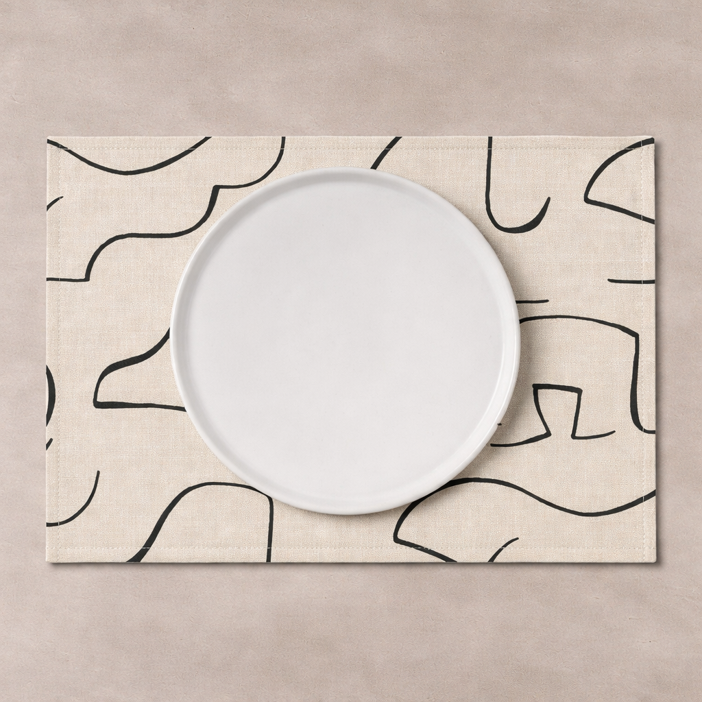Modern Minimalist Linen Placemat 46.5 x 32cm – Abstract Black Line