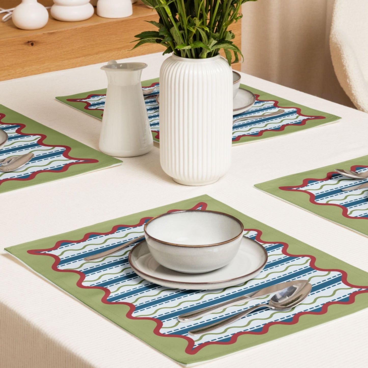 Blue and Green Wavy Stripe Placemat Set, Set of 4