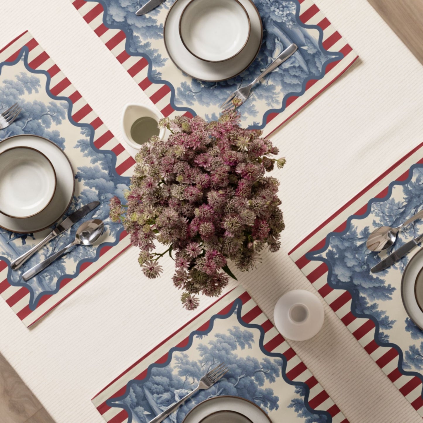 Blue Toile and Red Stripe Placemat Set, set of 4