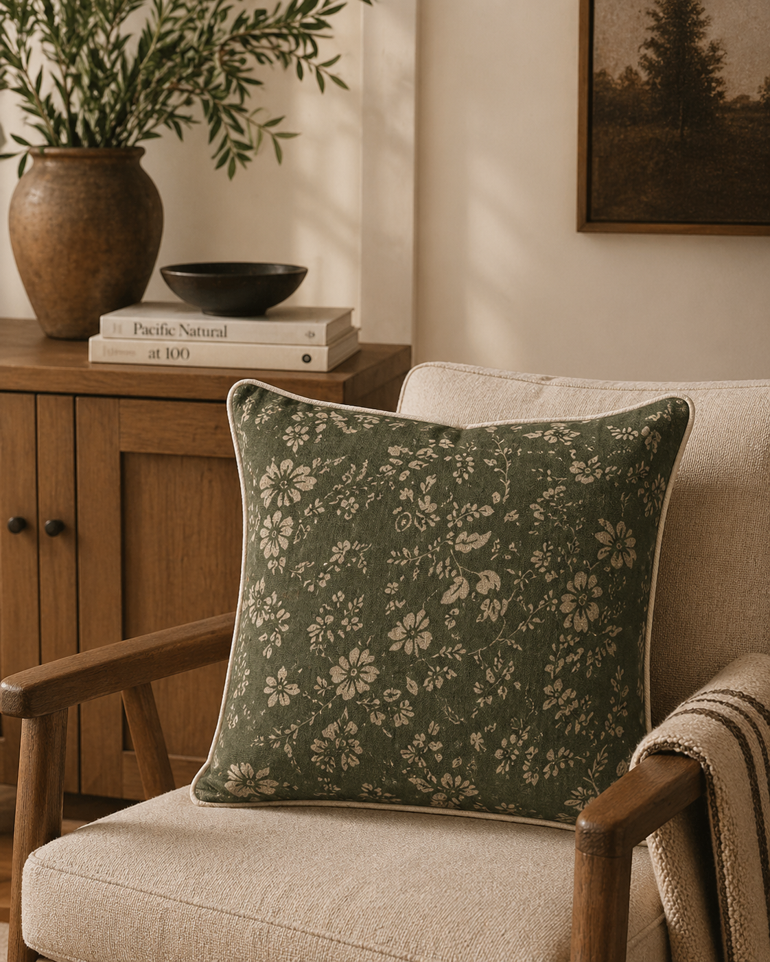 Olive Floral Cotton Linen Cushion | 50 x 50 cm