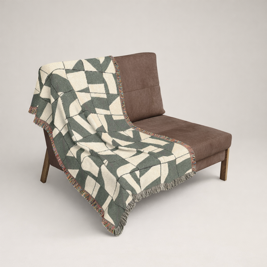 Brown chair with a geometric patterned green and beige blanket draped over it on a light gray background